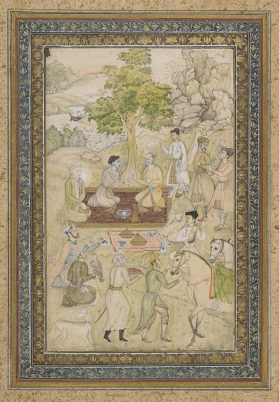 Sultan Murad and Sultan Daniyal on a Picnic, Detached Album Folio with Painting, c.1900 by Indian School