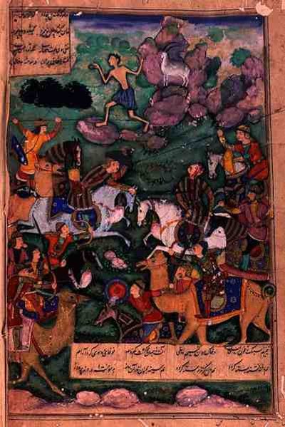 The Battle of Clans, folio 15b from the poem Layla and Majnun, written by Amir Khusrau Dihlavi (1253-1325) based on the story from the Khamsa (Quintet) by Nizami, Mughal, 1600 by Indian School