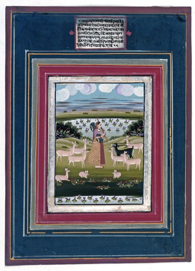 Todi Ragini - A Lady Playing a Vina in a Landscape with Animals by Indian School