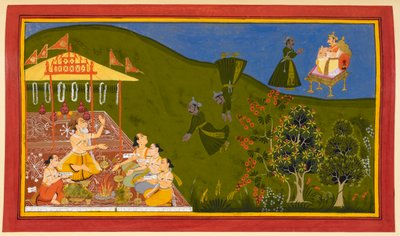 Trishanku ascends to heaven but is told by Indra to return to earth, and as he falls, he calls out to Vishvamitra for help by Indian School