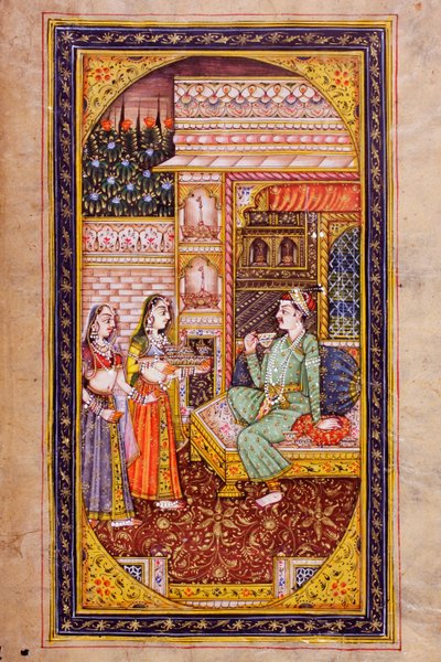 Two Servant Girls Serve Refreshment to a Noble Man in a Richly Decorated Room, Rajasthani Miniature Painting by Indian School