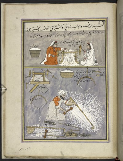 Two Women Ginning Cotton; Man Carding Cotton, from 