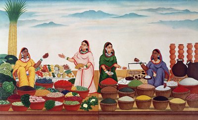 Vegetable and Spice Market at Benares by Indian School