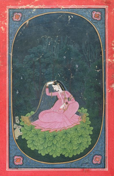 Woman seated on a bed of leaves in a forest by Indian School