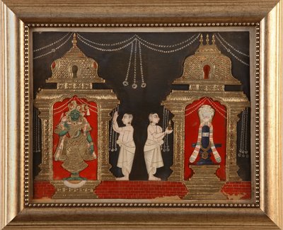 Worshipping Vishnu and Shiva in the form of Shivalingam, Tanjavore School, late 19th century by Indian School