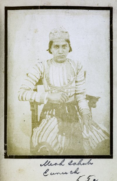 Portrait of Meah Sahub, Eunuch, c.1856-57 (b/w photo) by Indian photographer
