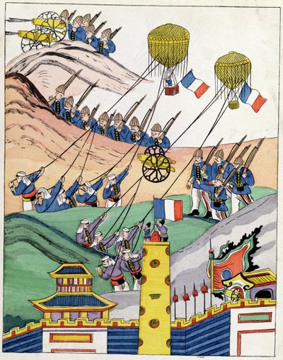 Poster showing the French troops using captured balloons at the time of the conquest of Tonkin, 1884 by Indo Chinese School