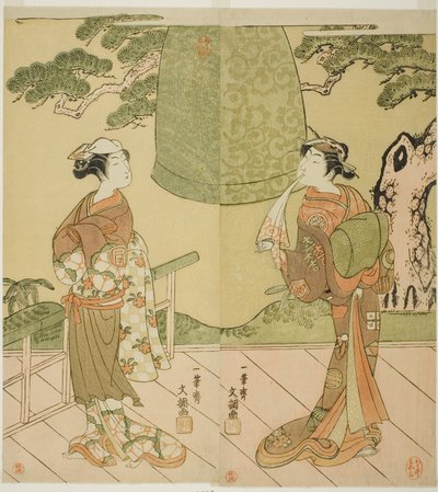 The Actors Ichimura Uzaemon IX as Shume no Hangan Morihisa (Right), and Sanogawa Ichimatsu II as Chujo (Left), in the Play Edo no Hana Wakayagi Soga, Performed at the Ichimura Theater in the Second Month, 1769 by Ippitsusai Bunchō