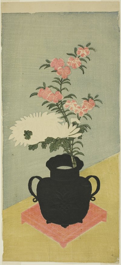 White Chrysanthemums and Pinks in a Black Vase by Ippitsusai Bunchō