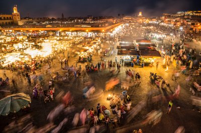 Looking down on Jemaa el-Fnaa, the market square in the medina, Marrakech (photo) by Ira Block