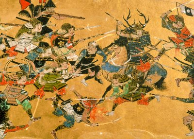 Middle two panels depicting scenes from the Battle of Osaka, Japan, 2005 by Ira Block