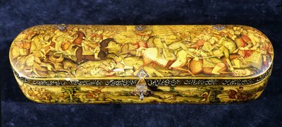 A Papier Mache Pen Box, the Top Painted with the Battle of Chaldiran by Iranian School
