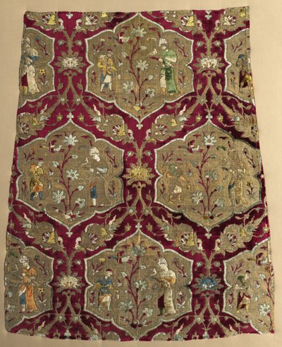 Brocaded Velvet with Falconer and Attendant in Animated Lattice, from a Robe by Iranian School