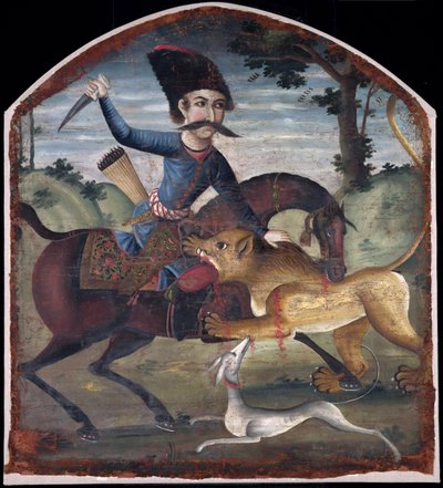 Hunter on Horseback Attacked by a Lion by Iranian School