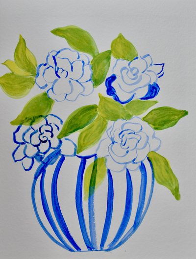 Blue Striped Vase Flowers by Iria Fernandez