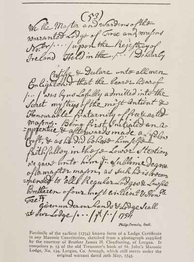 Earliest known Certificate (Irish) with a Seal from the Grand Lodge, 1762 by Irish School