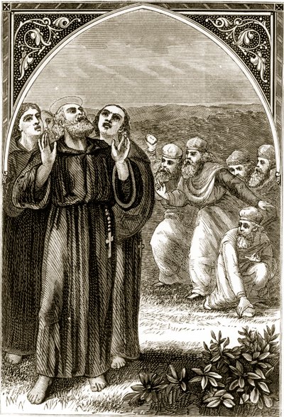St. Columba Chanting, and Attacked by the Druids, from The Trias Thaumaturga, or Three Wonder-Working Saints of Ireland, by Mary Cusack (1829-99) Published c.1890s by Irish School