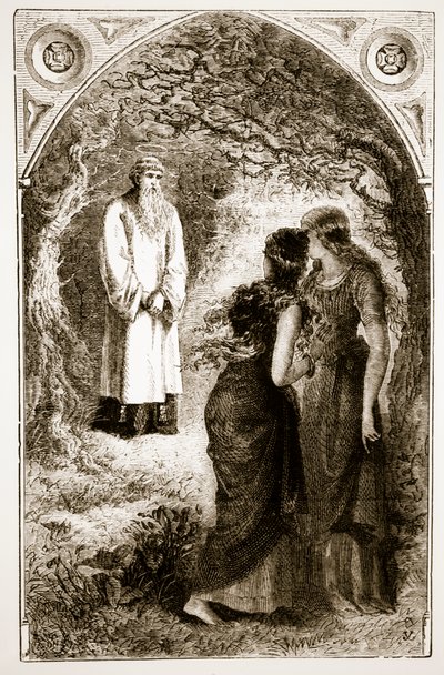 St. Patrick Met by Virgins in the Wood of Fochlut, from The Trias Thaumaturga, or Three Wonder-Working Saints of Ireland, by Mary Cusack (1829-99) Published c.1890s by Irish School