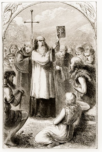 St. Patrick Showing the People of Ireland the Four Gospels, from The Trias Thaumaturga, or Three Wonder-Working Saints of Ireland, by Mary Cusack (1829-99) Published c.1890s by Irish School