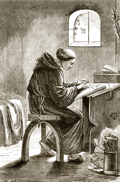 St. Vincent Writing in His Cell at Ferins, from The Trias Thaumaturga, or Three Wonder-Working Saints of Ireland, by Mary Cusack (1829-99) Published c.1890s by Irish School