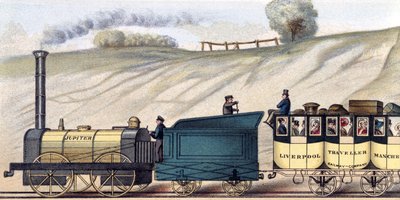 Travelling on the Liverpool and Manchester Railway, detail of the locomotive 
