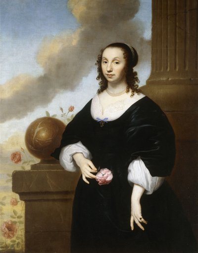 Portrait of a Lady, standing three-quarter length, wearing a Black Satin Dress with White Lace Trim by Isaac Luttichuys