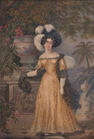 Lady Rowe, Standing Small Full Length on a Terrace, a Moonlit Jamaican Landscape beyond by Isaac Mendes Belisario