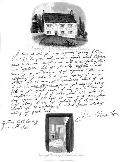 A Letter from Isaac Newton, and a View of His Birthplace at Woolsthorpe, Lincolnshire, 1682, 1840 by Isaac Newton