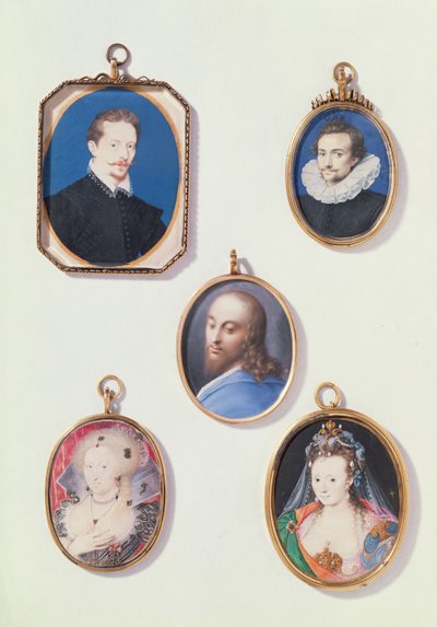 Miniatures: Sir Arundel Talbot; Unknown Man; Head of Christ; Anne of Denmark; Lady in Masque Costume by Isaac Oliver