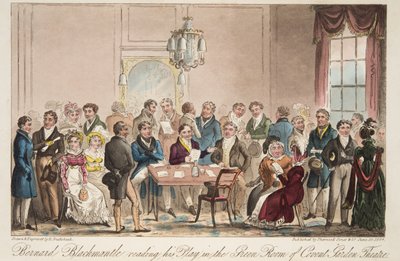 Bernard Blackmantle reading his play in the Green Room of Covent Garden Theatre, from The English Spy by Isaac Robert Cruikshank