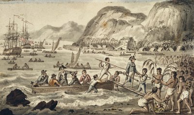 Captain Cook Landing in Owyhee, illustration from "The Voyages of Captain Cook" by Isaac Robert Cruikshank