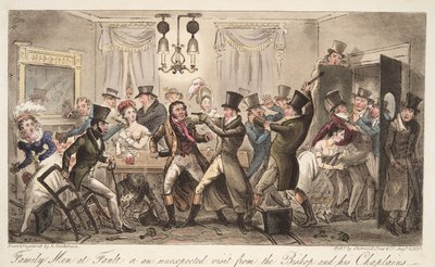 Family Men at Fault, or an Unexpected Visit from The Bishop and His Chaplains, from The English Spy by Isaac Robert Cruikshank
