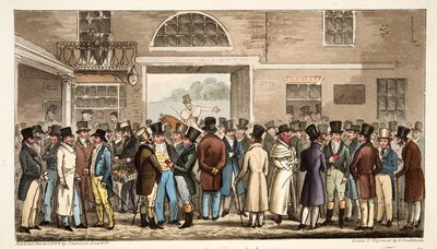 Monday after the Great St Leger, or Heroes of the Turf Paying and Receiving at Tattersalls, from The English Spy by Isaac Robert Cruikshank