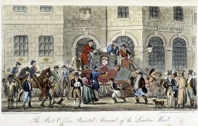 Post in London: The Post Office Bristol, Arrival of the London Mail - in The English Spy by Charles Molloy Westmacott, drawing by Robert Cruikshank, London edition by Isaac Robert Cruikshank
