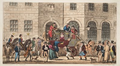 The Post Office Bristol, Arrival of the London Mail, from The English Spy by Isaac Robert Cruikshank