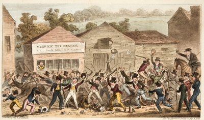 The Tea Pot Row at Harrow, or the Battle of Hog Lane, from The English Spy by Isaac Robert Cruikshank