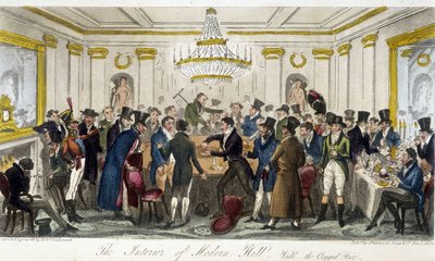 The Interior of Modern Hall - in The English Spy by Charles Molloy Westmacott, drawing by Robert Cruikshank, London Edition by Isaac Robert Cruikshank