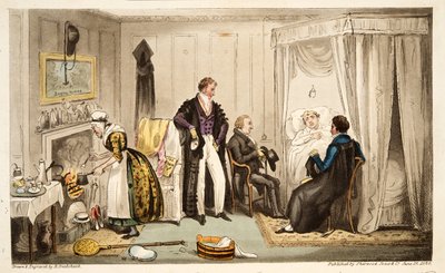 Tom Echo laid up with the Headington Fever or an Oxonian very near the Wall, from The English Spy by Isaac Robert Cruikshank