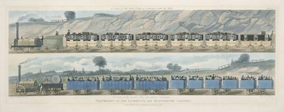 Travelling on the Liverpool and Manchester Railway: A Train of the First Class of Carriages with the Mail, and A Train of the Second Class for Outside Passengers, engraved by S.G. Hughes by Isaac Shaw