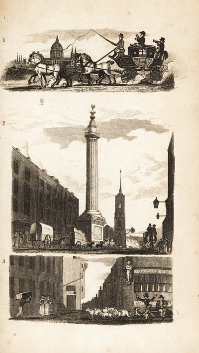 Countrymen on a Stage Coach, the Monument and Pie Corner by Isaac Taylor