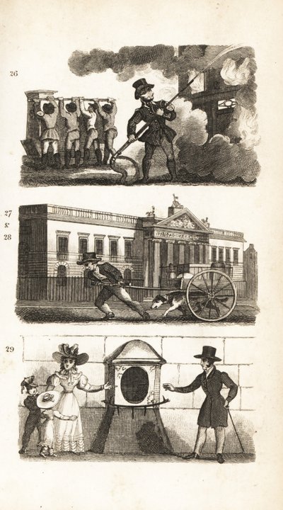 The Fire-Engine, Drawing Goods on a Truck, East India House and London Stone by Isaac Taylor
