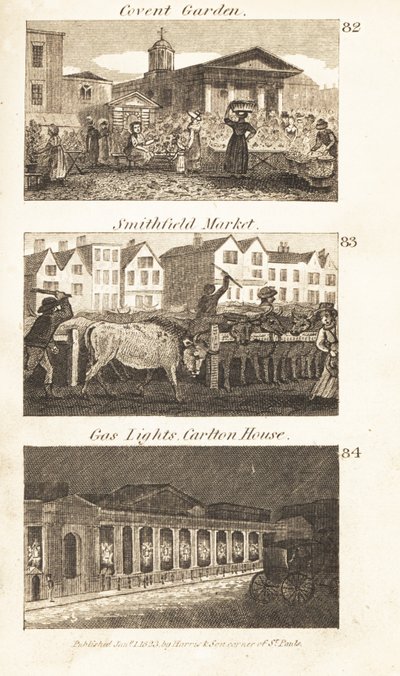 Trades in Regency England: Covent Garden, Smithfield Market and Gaslights on Carlton House by Isaac Taylor