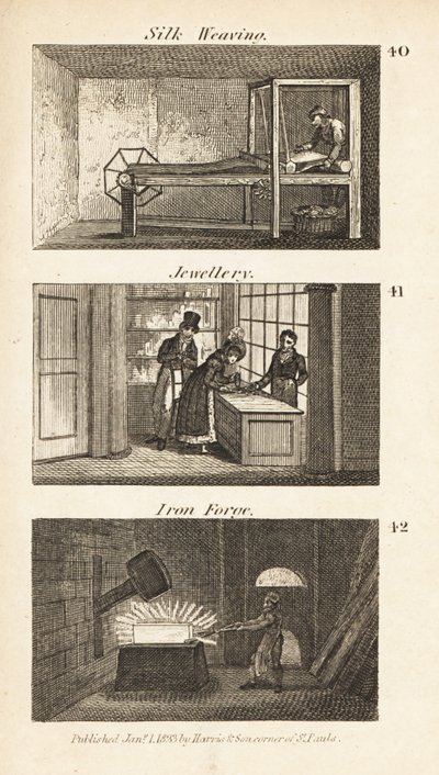 Trades in Regency England: silk weaving, jewellery and iron forge by Isaac Taylor