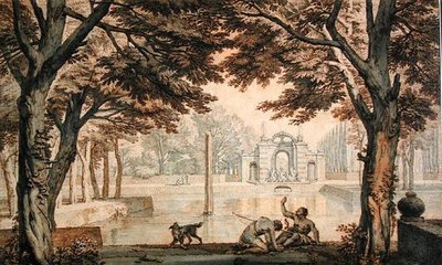 Lake with a fountain in a garden by Isaac de Moucheron