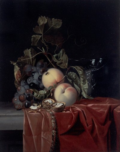 A Still Life of Grapes, Peaches, Walnuts and a Wine Glass by Isaak Denies