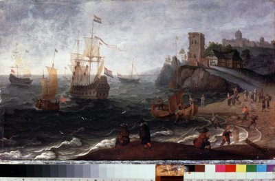 Fish market at seashore by Isaak Willaerts
