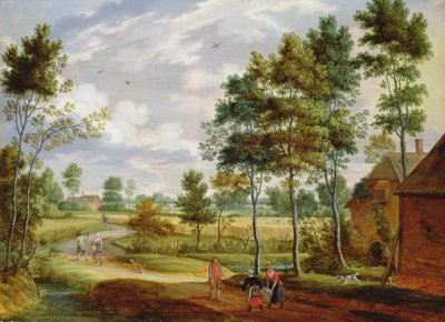 Figures Outside a Cottage in a Country Landscape by Isaak van Oosten