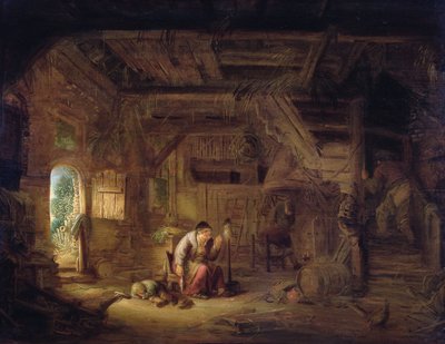 Interior of a barn with an old woman at a distaff by Isack van Ostade
