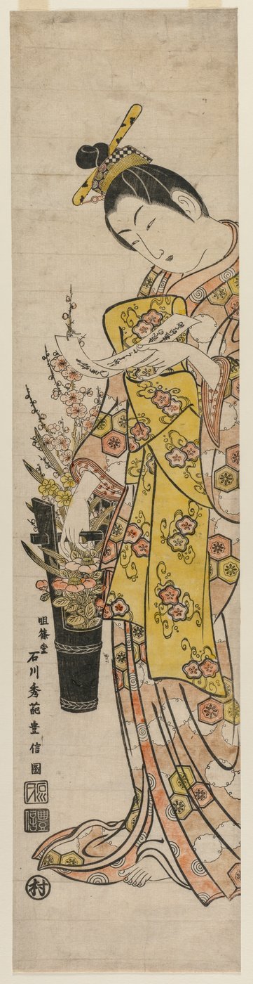 Courtesan Reading a Poem Slip Tied to Flowers in a Vase by Ishikawa Toyonobu