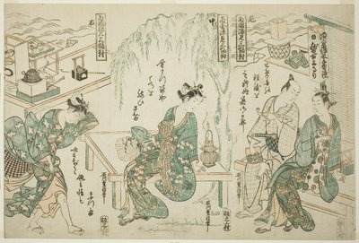 Enjoying the Evening Cool at Ryogoku - A Set of Three by Ishikawa Toyonobu